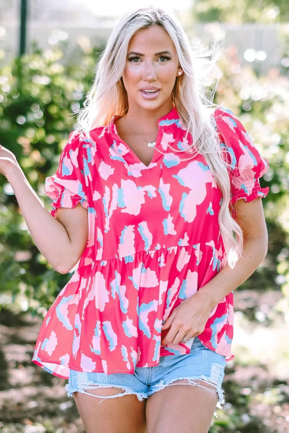 Rose Abstract Print Smocked Puff Sleeve V Neck Blouse - Love Salve